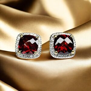 10K Gold- Natural Indian Garnet & Halo Diamond Earrings -Cushion Cut- 8.5mm-1.9g